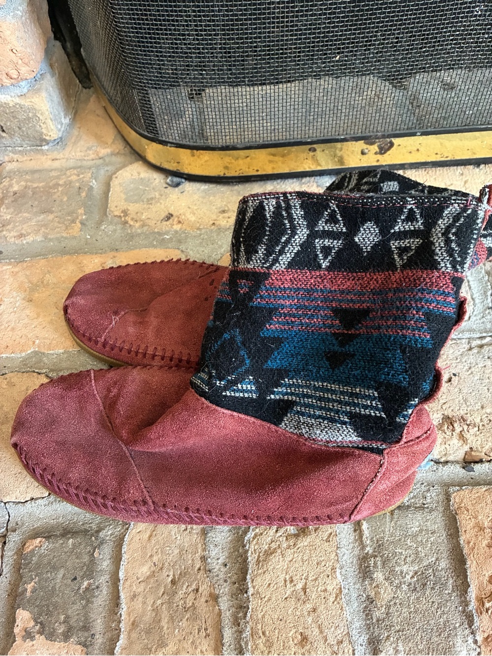 Toms Women's Maroon Suede Moccasin Boots with Black Aztec Knit Cuff